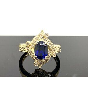 Blue Gemstone Diamond Cocktail Ring 14k Yellow Gold Estate Women's Size 7